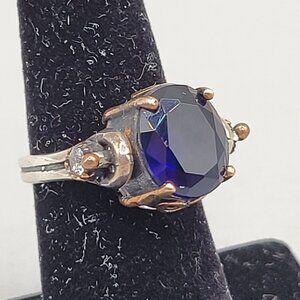 Flip Ring Sterling Silver Copper Ring Blue Colorless Stones Size 6.75
